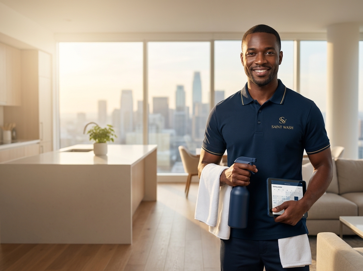 Professional Saint Wash cleaner in navy uniform providing premium cleaning service